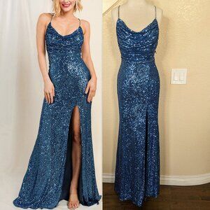 Denim Blue Sequin Cowl Rhinestone Formal Prom Evening Dress 6
